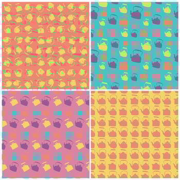 Set of seamless Colorful Pattern with Kettle. Vector background with different teapots. Endless kitchen texture.