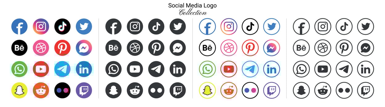 Popular social network logo icons facebook instagram youtube pinterest tiktok and etc logo icons, social media icon set vector