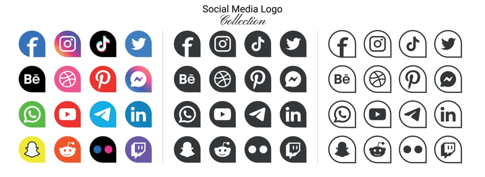 Popular social network logo icons facebook instagram youtube pinterest tiktok and etc logo icons, social media icon set vector