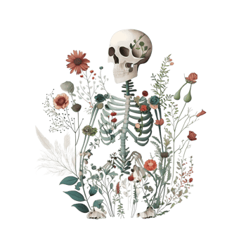 Illustration of Skeleton and Botanical, Bones, Flowers. png