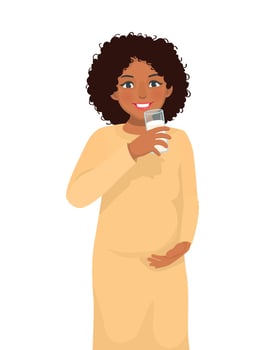 Beautiful pregnant African woman drinking a glass of milk vector