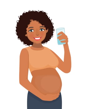 Young pregnant African woman drink a glass of water vector