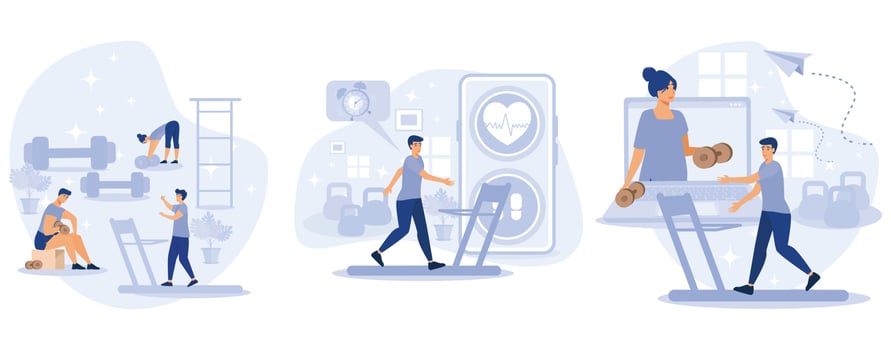 Fitness blog and Workout app concept. Tiny people are sport training. Active lifestyle and fitness training, set flat vector modern illustration