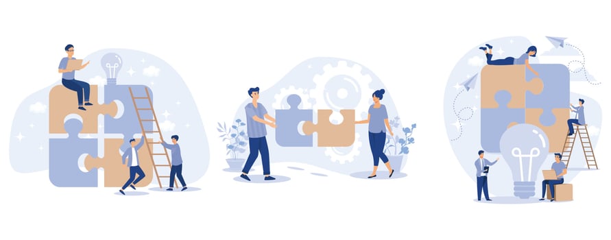 Teamwork concept. Team metaphor. People connecting puzzle elements, set flat vector modern illustration