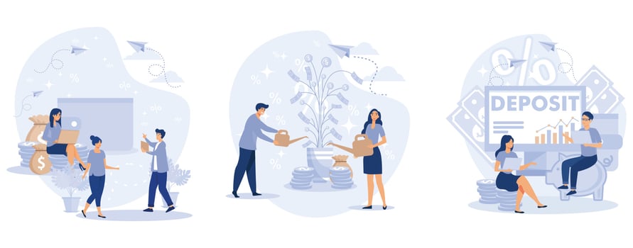 Deposit concept. Longterm money saving finance. Tiny people put money in bank safe with dollars. Bank account, banking, bank security, safety, money tree, set flat vector modern illustration