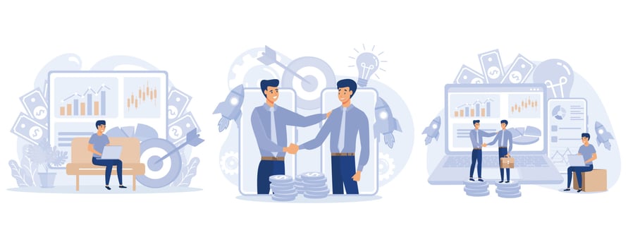 Online business concept. Tiny people conclusion of the transaction. Global cooperation on the Internet, set flat vector modern illustration