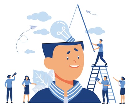 creative idea in head, teamwork brainstorming, ideological thinking to solve and create new innovative projects,  idea concept light bulb brain,  flat vector modern illustration