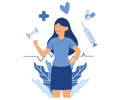 Healthcare concept. Happy healthy woman caring about heart wellness with sport, pharmacy, vitamins, vaccination, medical check. Health awareness, flat vector modern illustration