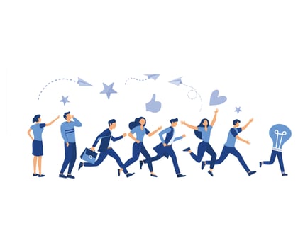 running away idea, unattainable thought, search for new solutions, company of people catches up with a light bulb. flat vector modern illustration