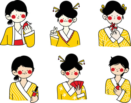 Japanese girl in kimono. Set of vector illustrations isolated on white background.