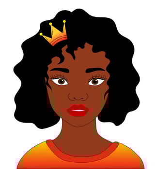 Black woman with crown on her head. Vector illustration of a black girl queen with curly hair. Poster, postcard with young woman.