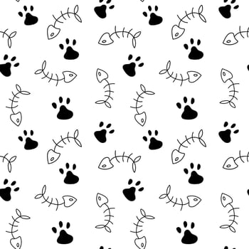 Cat paw, fish bone Seamless Pattern white background. Vector illustration. Animal cute pattern. Wallpaper and fabric design and decor.