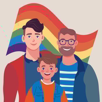 Male gay couple adopting baby. Two happy young men and child flat vector illustration. LGBT family, parenthood, child care concept
