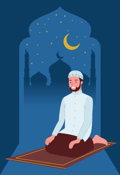 a Muslim man is praying on a prayer mat at night with the mosque and the moon background. vector