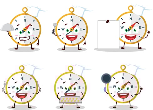 Cartoon character of compass with various chef emoticons vector