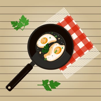 Fried eggs in a pan with herbs and spices. Simple vector illustration. Keto breakfast. Scrambled eggs.