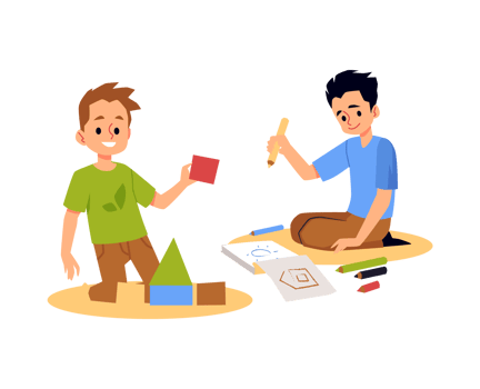 Kids playing in kindergarten room or at home, flat illustration isolated. png