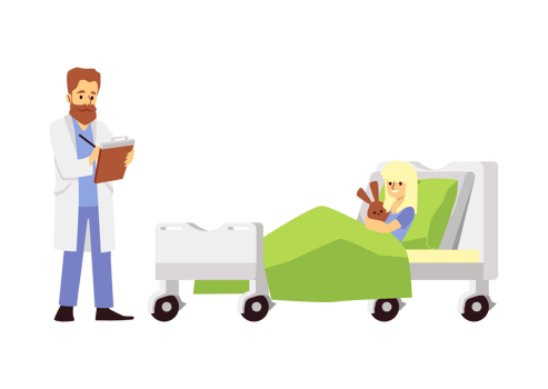 Child patient and doctor in hospital ward, flat illustration isolated. png
