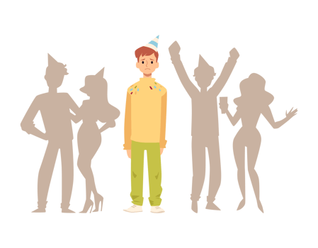 Lonely man stands alone in crowd of people, flat illustration isolated. png