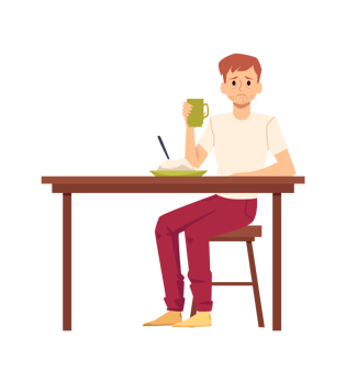 Lonely upset man having his dinner alone, flat illustration isolated. png
