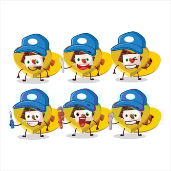 mechanic yellow love open gift box cute mascot character with pliers vector