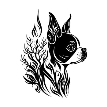 Ornamental portrait of a Boston Terrier dog in the wilds. Decorative illustration for keychain, t-shirt, pet nameplate, tags, pyrography. Monochrome vector illustration, isolated.