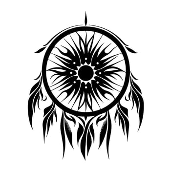 Monochrome dream catcher with feathers and sun silhouette in the middle. Simple vector illustration for tattoo, wall art, t-shirt, pyrography, sublimation, crafting.