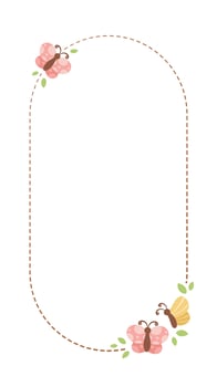 Cute Floral Butterfly Frame. Spring Summer Vertical Border Vector Illustration.