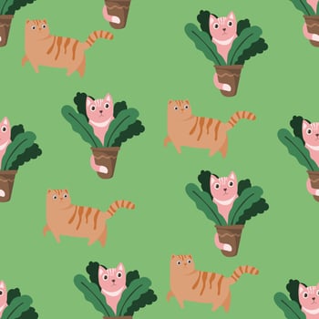 cute cats pattern on green background vector