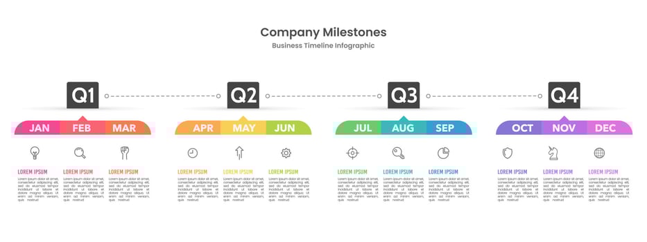 Infographic template for business. 12 Months timeline to success. Presentation, Roadmap, Milestone, Quarters. Vector illustration.