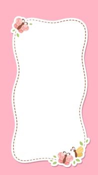 Cute Floral Butterfly Frame. Spring Summer Vertical Border Vector Illustration.
