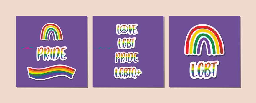 Set of LGBT Pride elements. Human rights and tolerance.  LGBT sticker set on grey background with light shadow. LGBTQ related symbol in rainbow colors. vector