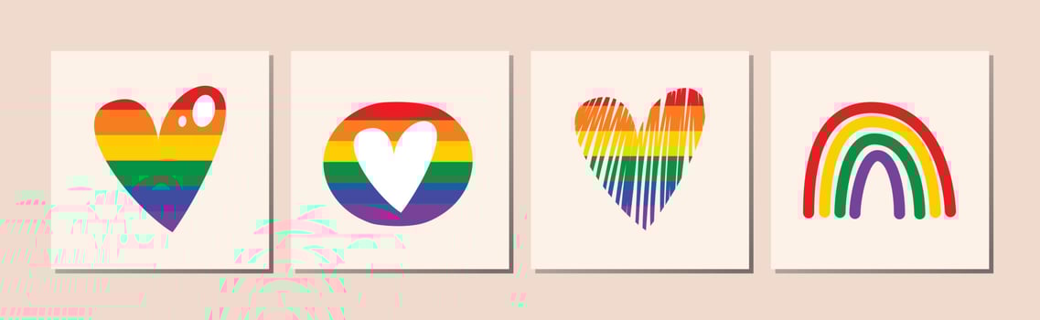 Set of LGBT Pride elements. Human rights and tolerance.  LGBT sticker set on grey background with light shadow. LGBTQ related symbol in rainbow colors. vector