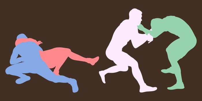 Vector athletes wrestlers in the fight, duel, fight. Figures of strong men. Greco Roman, freestyle, classical wrestling.