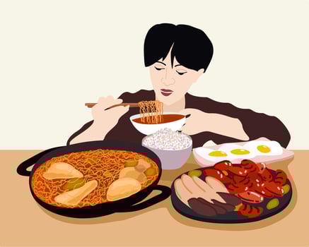 Young man eating ramen. Food podcast. Mukbang. vector