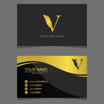 Letter V Logo Combined with Feather Silhouette and business card template. Elegant Monogram Vector Logo Design.