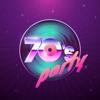 Paster template for retro disco party 70s. Vinyl record and neon colors element of 1970 style. Vintage music flyer. Vector illustration