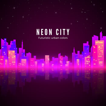 Neon city landscape with glow and bright colors. Sci-fi background. Silhouette of futuristic town. Retro style 80s. Vector illustration