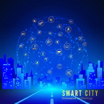 Silhouette of futuristic city on background of large cloud with smart city icons. Internet of things concept. Vector illustration