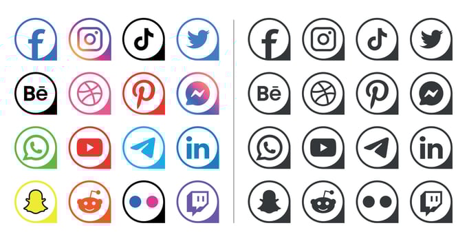 Popular social network logo icons facebook, instagram, youtube, pinterest, tiktok and etc logo icons, social media icon set vector