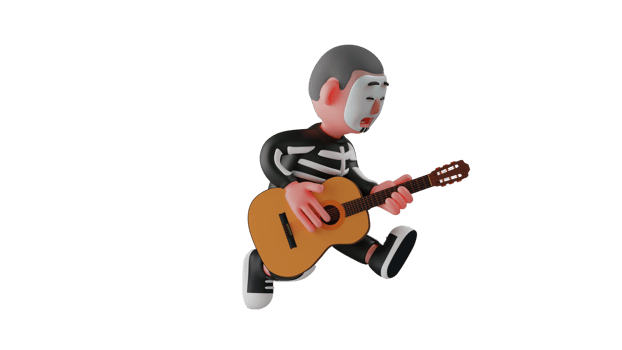 3D Illustration. Talented Skeleton 3D Cartoon Character. Skeleton like to play musical. Skeleton is playing the guitar energetically. Skeleton played guitar with an kneeling pose. 3D cartoon character png