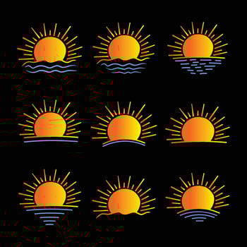 set of hand drawn Rising sunset sunrise sun icon, summer Sunrise Sunset sunshine sun logo Symbol icon sea ocean sun Line Art vector illustration sunlight Design, black and white background