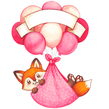 Watercolor cute newborn baby fox delivery with ballooons png