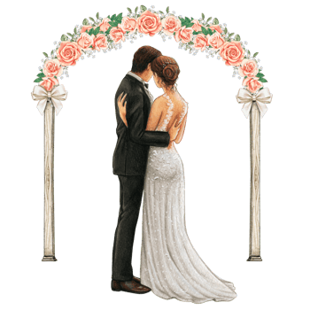 Wedding couple embracing under wedding arch png