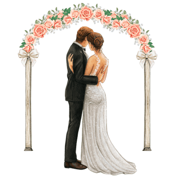 Wedding couple embracing under wedding arch png