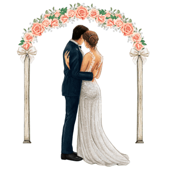 Wedding couple embracing under wedding arch png