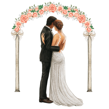 Wedding couple embracing under wedding arch png