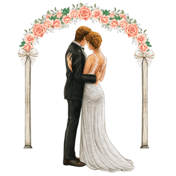 Wedding couple embracing under wedding arch png