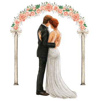 Wedding couple embracing under wedding arch png