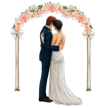 Wedding couple embracing under wedding arch png